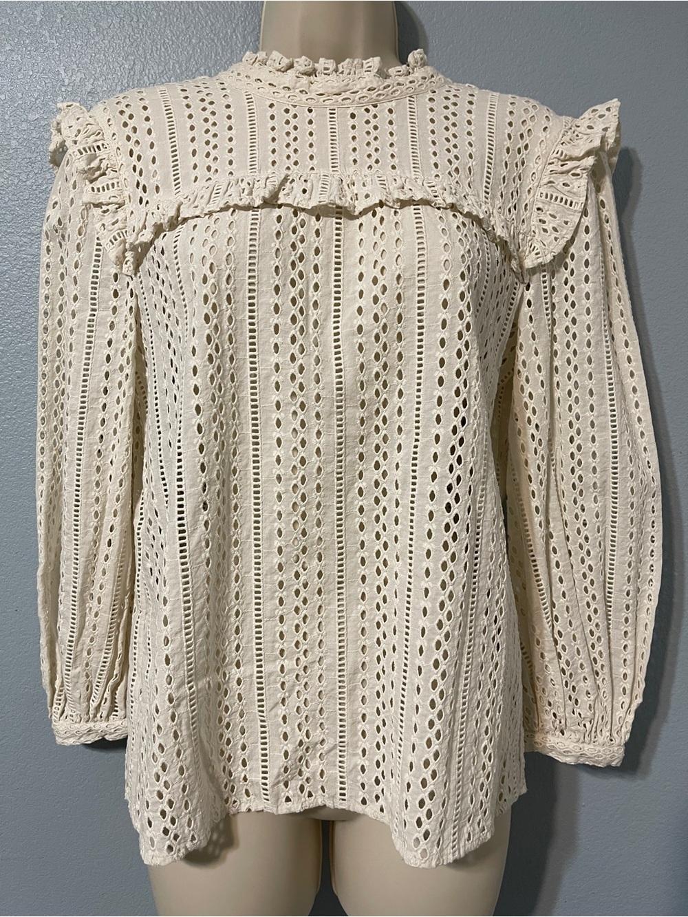 Madewell White Ivory Eyelet Lace Blouse Ruffle Long Sleeve Cottagecore XS